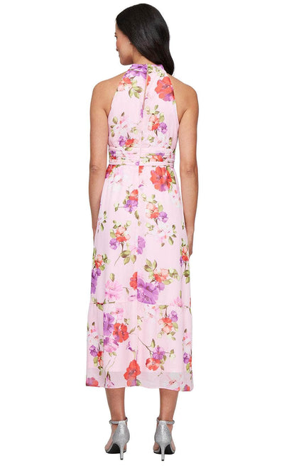 S.L. Fashions 9172115 - Sleeveless Floral High-Low Chiffon Dress with Tie Waist Wedding Guest