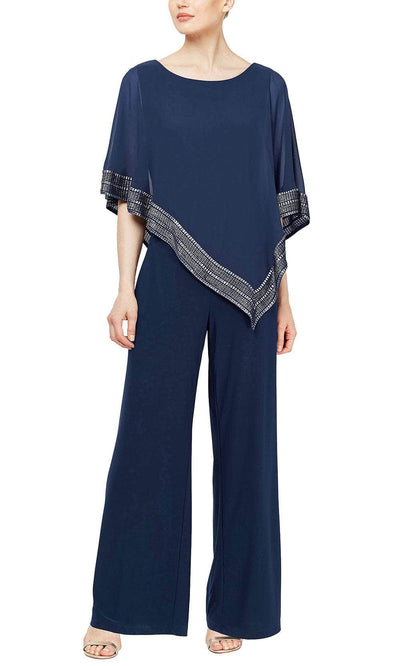 SLNY 9177331 - Cape Overlay Jumpsuit Formal Pantsuit 4 / Navy/Silver