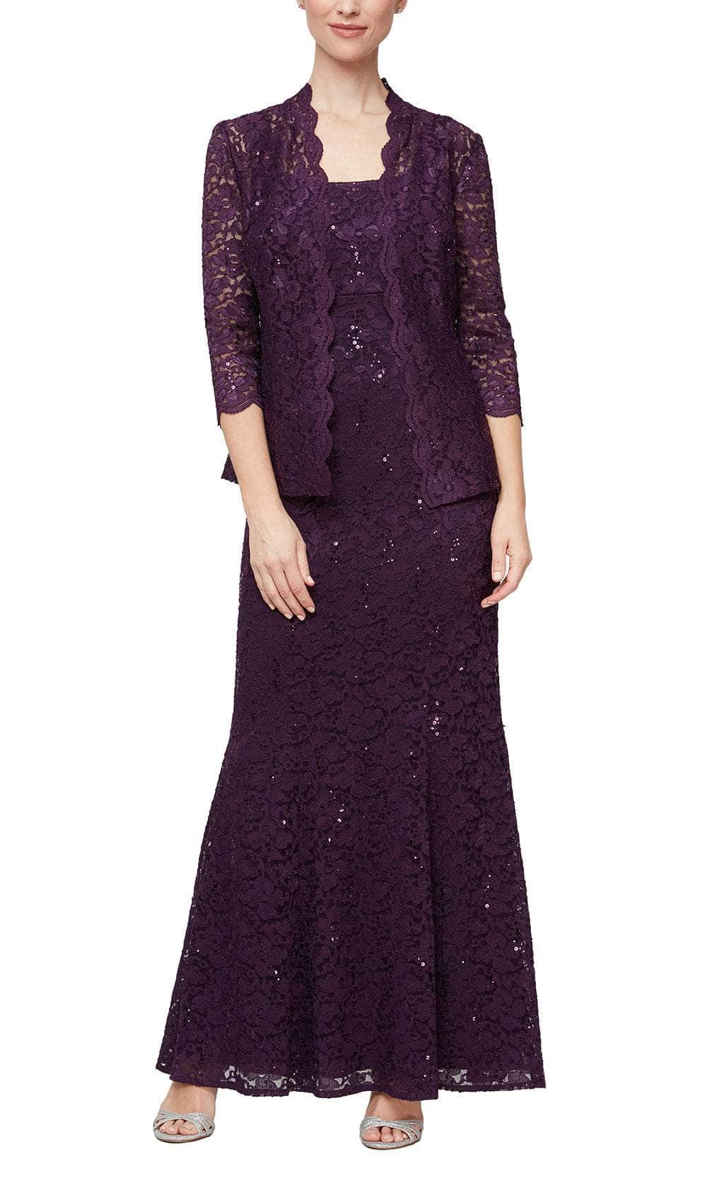 S.L. Fashions 9213110 - Lace Bodice Sheath Formal Dress Mother of the Bride Dresses 4P /  Eggplant