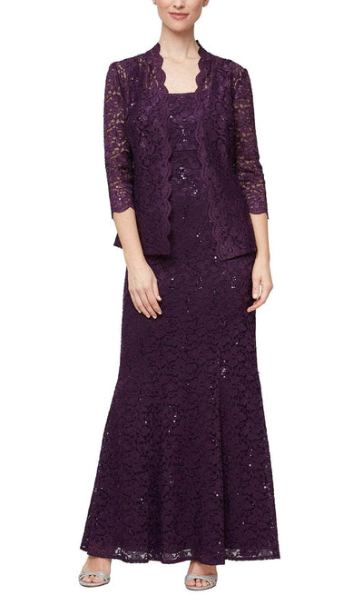 S.L. Fashions 9213110 - Lace Bodice Sheath Formal Dress Mother of the Bride Dresses 4P /  Eggplant