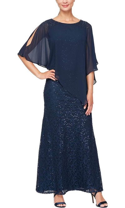 S.L. Fashions 9213121 - Sequin Lace Capelet Dress Mother of the Bride Dresses 4P / New Navy