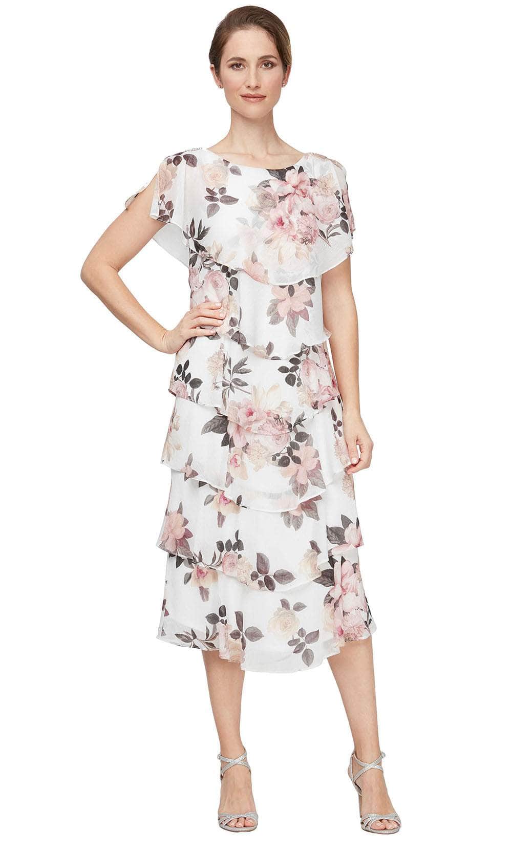 S.L. Fashions 9271803 - Floral A-line Dress with Capelet Sleeves Wedding Guest