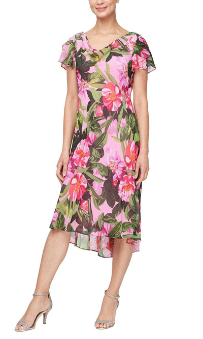 S.L. Fashions 9271950 - Tea Length Floral Dress Wedding Guest 6P / Pink Multi