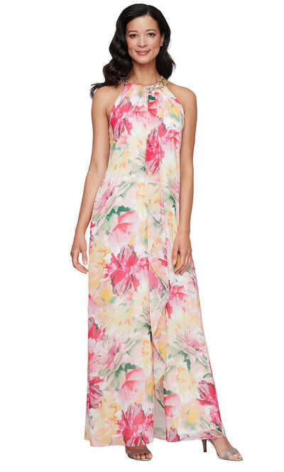 SLNY 9272135 - Floral Halter A-Line Gown with Slit Evening Dresses
