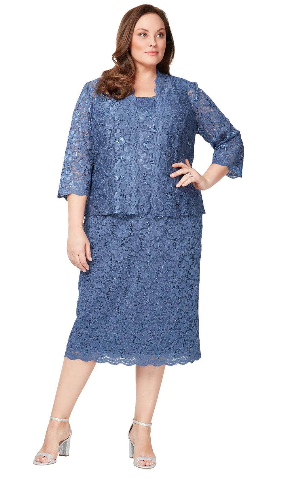 S.L. Fashions 9413104 - Plus Size Lace Sheath Dress with Jacket Wedding Guest