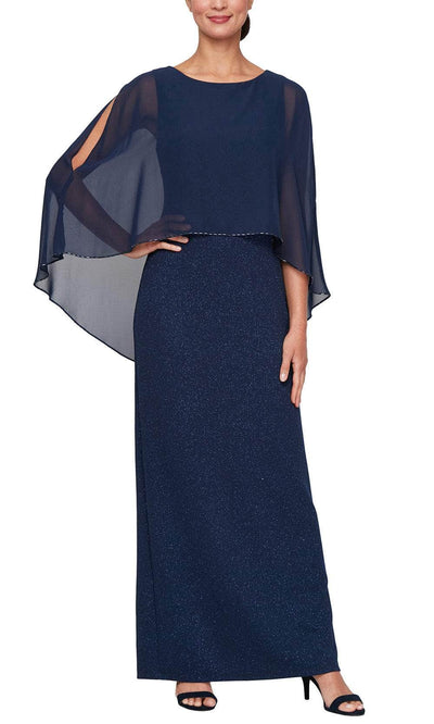 S.L. Fashions 9427278 - Hi-Low Capelet Column Formal Dress Mother of the Bride Dresses 14W /  Navy