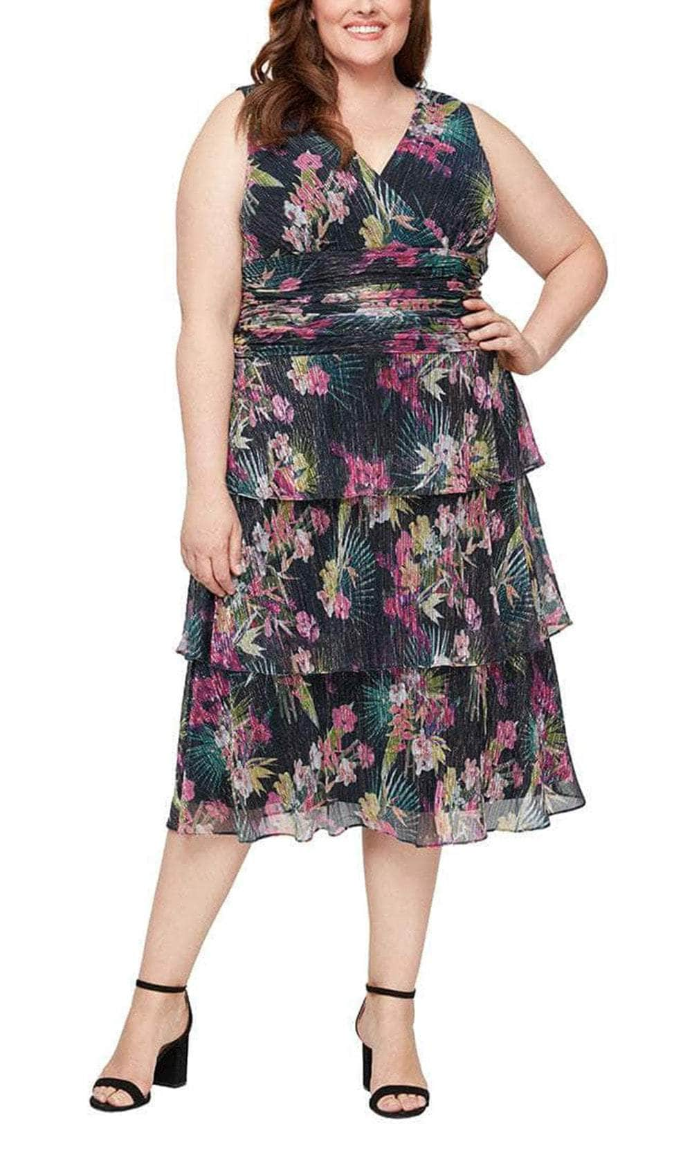 SLNY 9455220 - Floral Tiered Midi Dress Wedding Guest 14W / Black Multi