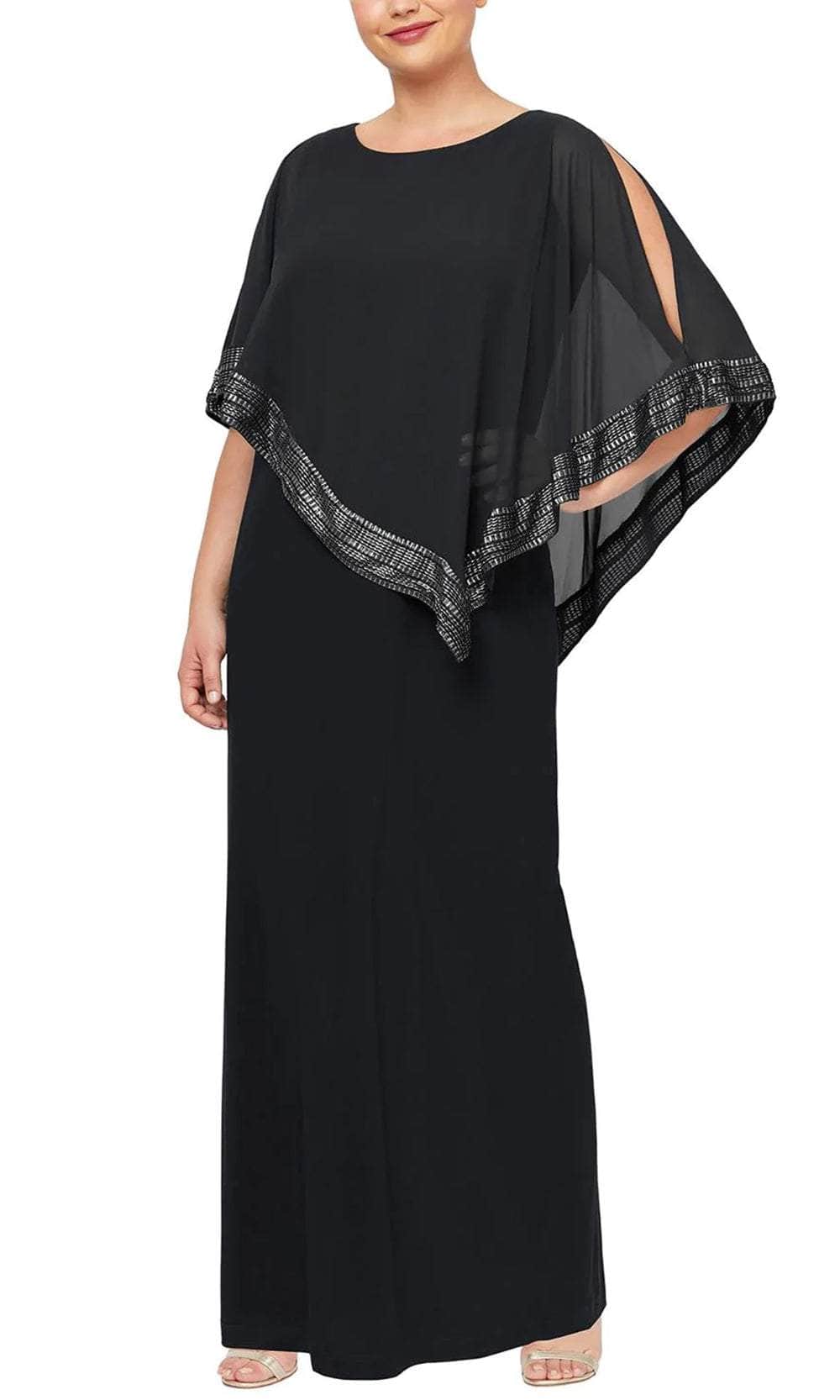 S.L. Fashions 9470329 - Foil Trimmed Cape Evening Dress Special Occasion Dress 14W / Black Silver