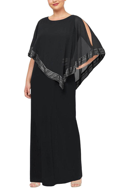 S.L. Fashions 9470329 - Foil Trimmed Cape Evening Dress Special Occasion Dress 14W / Black Silver