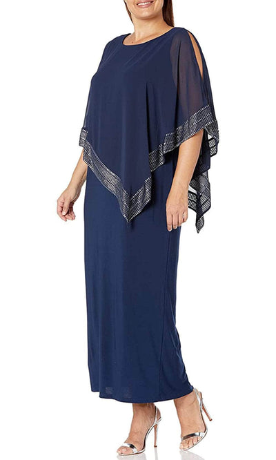 S.L. Fashions 9470329 - Foil Trimmed Cape Evening Dress Special Occasion Dress 14W / Deep Navy