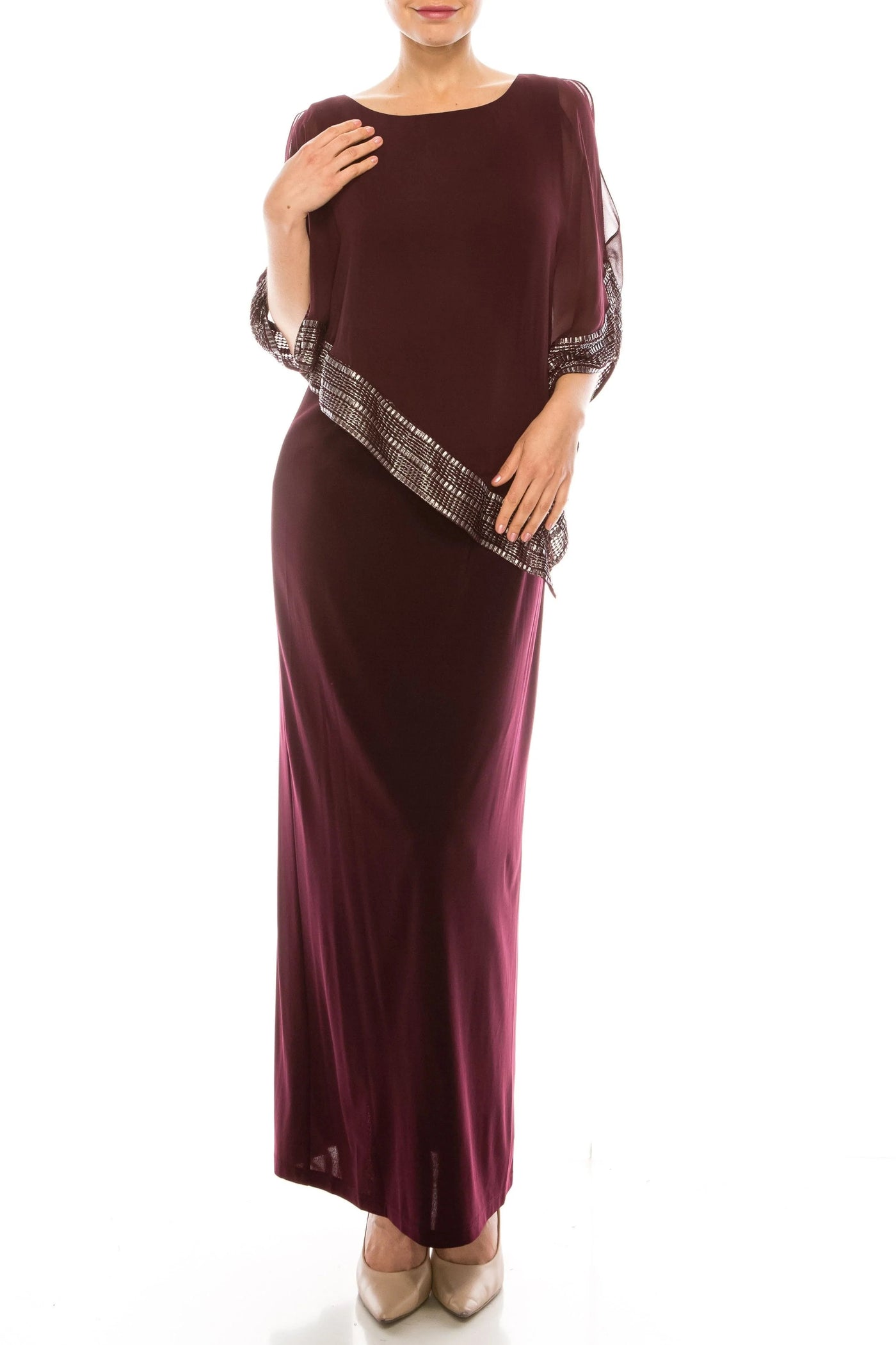 S.L. Fashions 9470329 - Foil Trimmed Cape Evening Dress Special Occasion Dress 14W / Fig