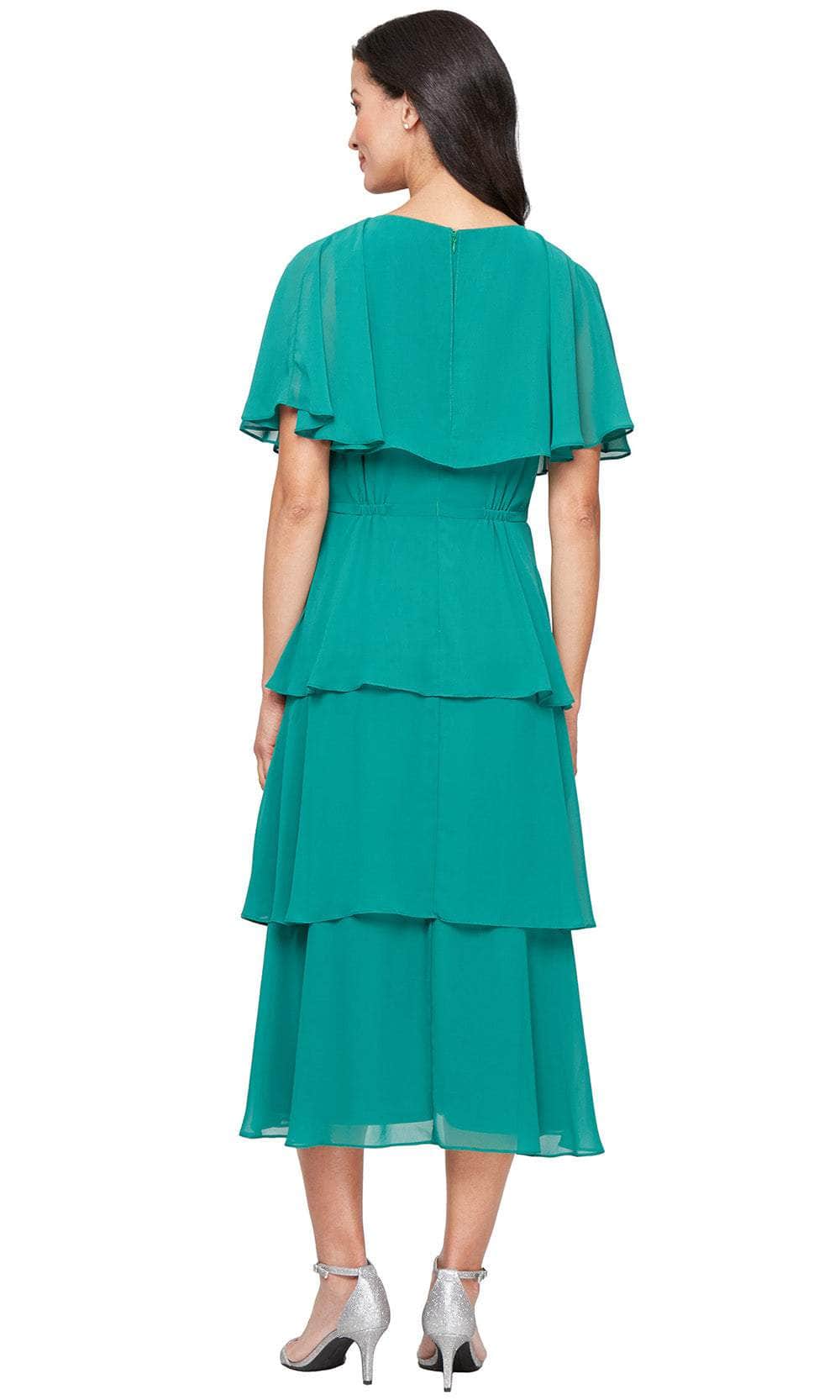 S.L. Fashions 9470738 - V-Neckline Tiered Tea-Length Dress Wedding Guest