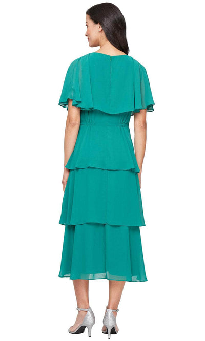 S.L. Fashions 9470738 - V-Neckline Tiered Tea-Length Dress Wedding Guest