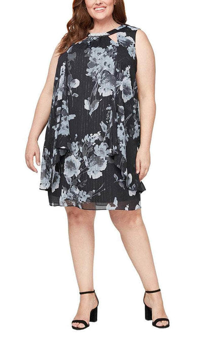 S.L. Fashions 9471927 - Cascade Detail Floral Plus Dress Wedding Guest 14W / Black Ivory