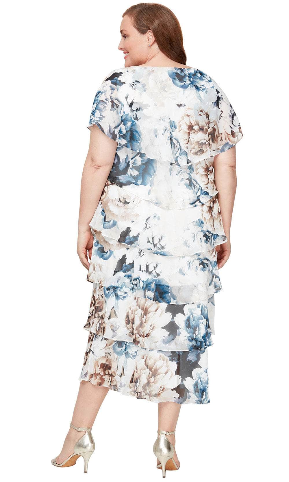 S.L. Fashions 9471936 - Floral Print Tiered Tea-Length Dress Wedding Guest