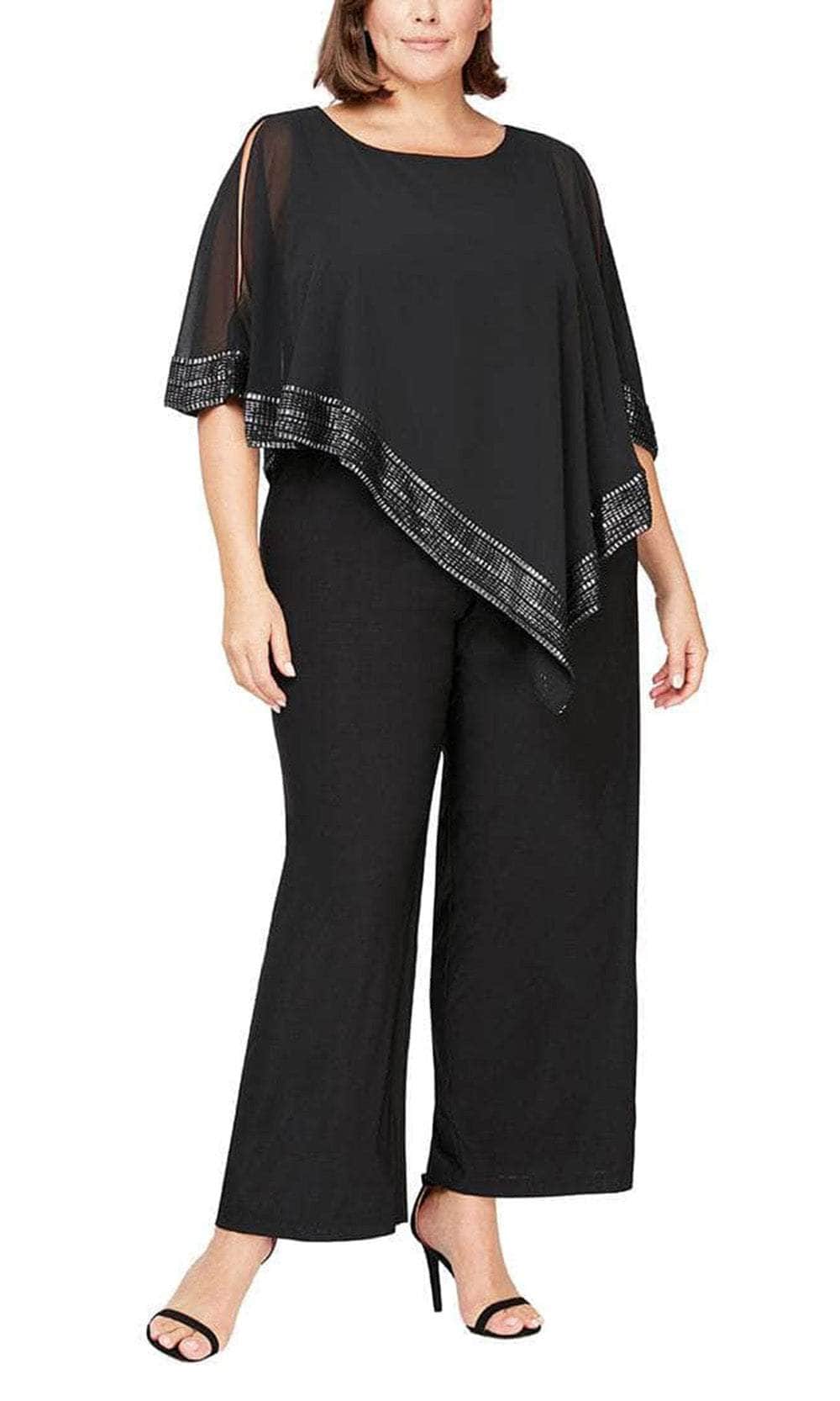 S.L. Fashions 9477331 - Chiffon Overlay Jumpsuit Formal Pantsuit 14W / Black