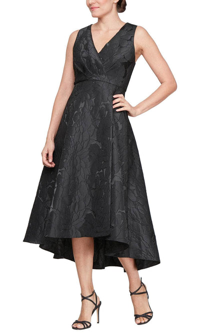 S.L. Fashions 9481160 - Hi-Low A-Line Jacquard Evening Dress Semi Formal 14W /  Black