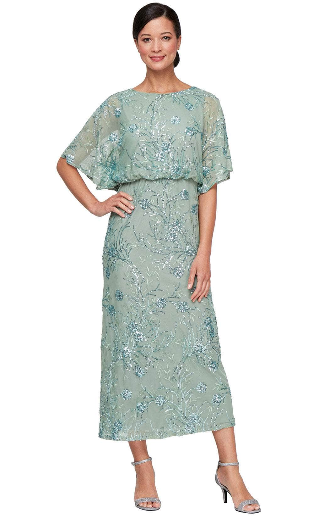 S.L. Fashions 9496478 - Bateau Neck Blouson Tea-Length Dress Wedding Guest