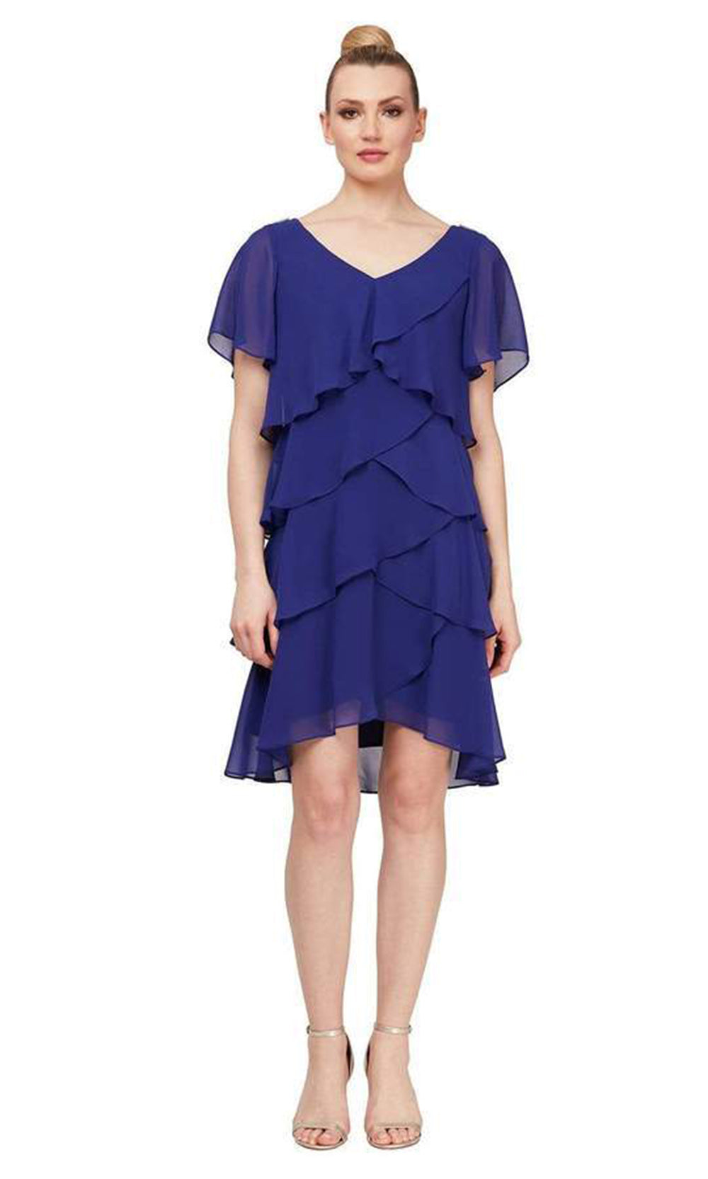 S.L. Fashions - 9170650SC Short Chiffon Tiered Midi Dress In Blue