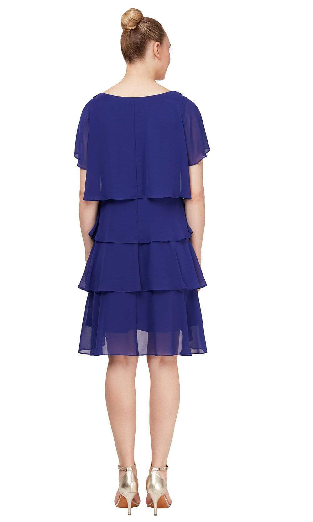 S.L. Fashions - 9170650SC Short Chiffon Tiered Midi Dress In Blue