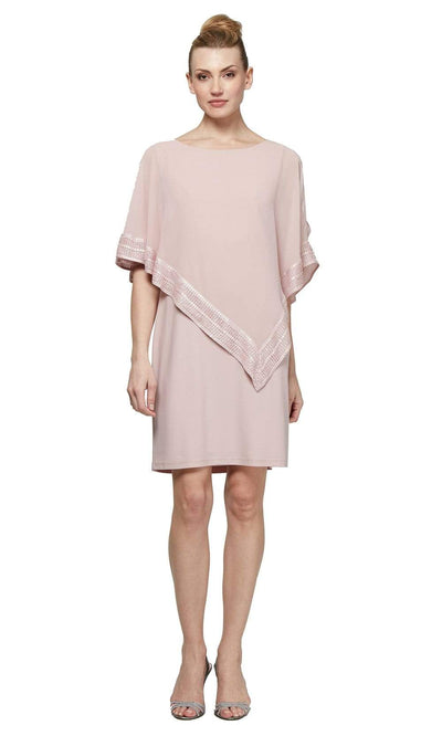 S.L. Fashions - SL111176 Metallic Trim Capelet Sheath Short Dress Cocktail Dresses 10 / Faded Rose Silver