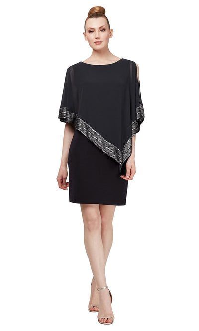 S.L. Fashions - SL111176 Metallic Trim Capelet Sheath Short Dress Cocktail Dresses 12 / Black Silver