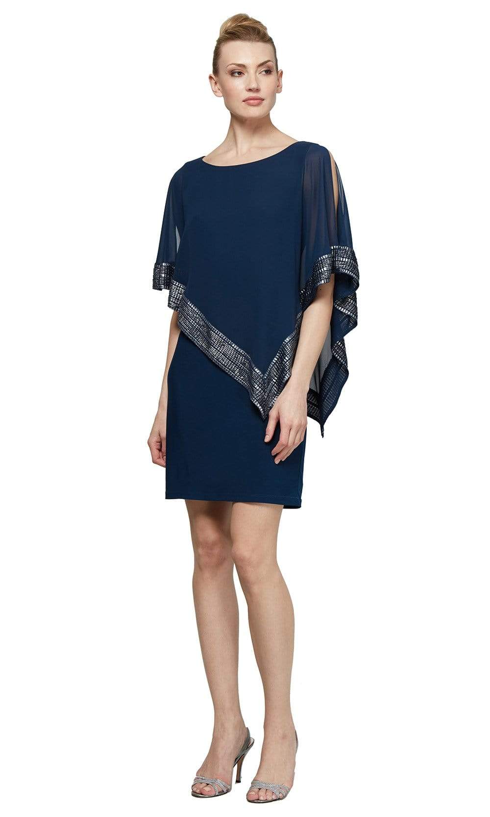 S.L. Fashions - SL111176 Metallic Trim Capelet Sheath Short Dress Cocktail Dresses 4 / Navy/Silver