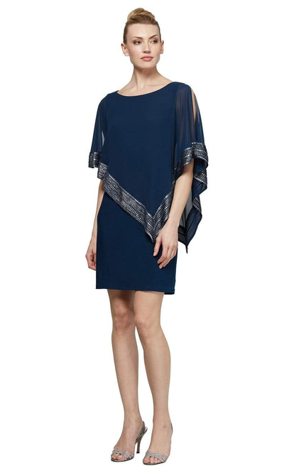 S.L. Fashions - SL111176 Metallic Trim Capelet Sheath Short Dress Cocktail Dresses 4 / Navy/Silver