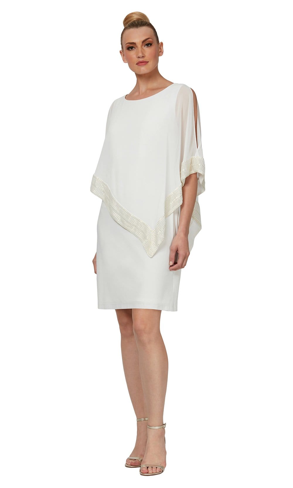S.L. Fashions - SL111176 Metallic Trim Capelet Sheath Short Dress Cocktail Dresses 8 / Ivory Gold