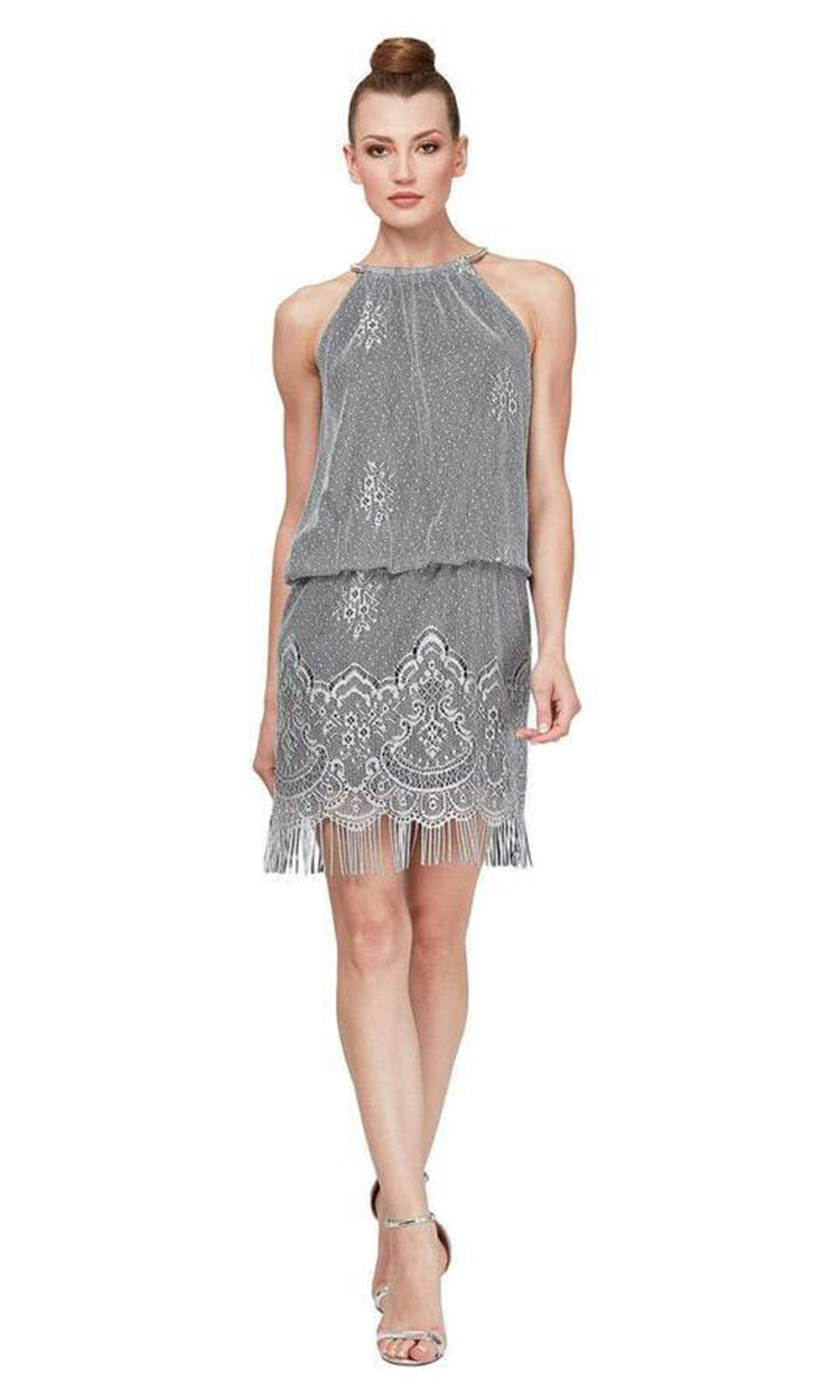 S.L. Fashions - SL195024SC Bangle Neck Fringe Short Dress In Silver