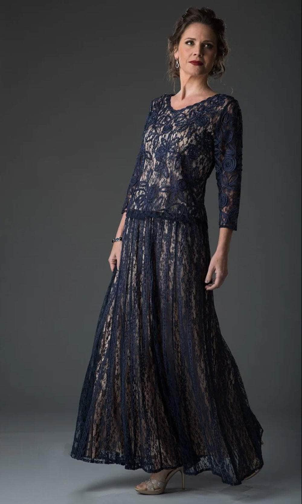 Soulmates 1610 - Soutache Lace 3/4 Sleeve Top With Circle Skirt Evening Dresses Navy / S