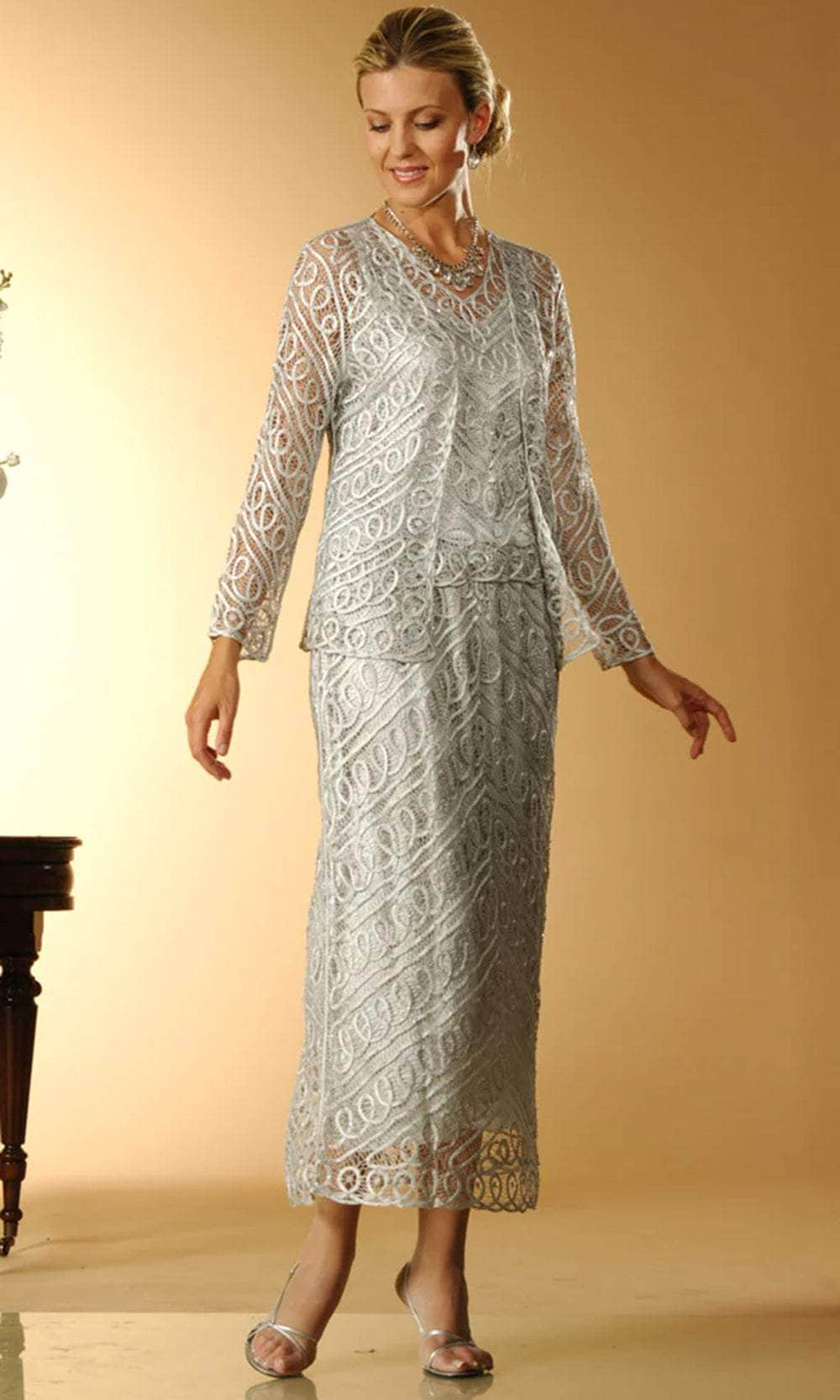 Soulmates C6184 - Three Piece Beaded Silk Lace A-Line Skirt Set Mother of the Bride Dresses Silver / S