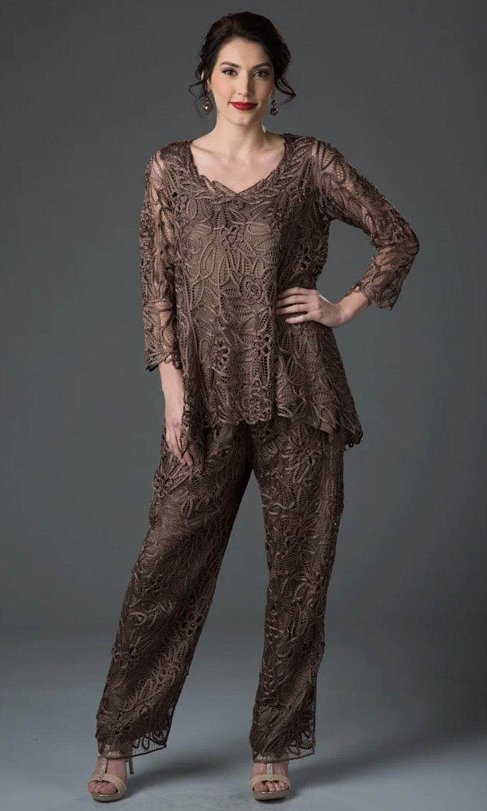 Soulmates C8057 - Babydoll Tunic Top Pants Set Mother of the Bride Dresses Mocha / S