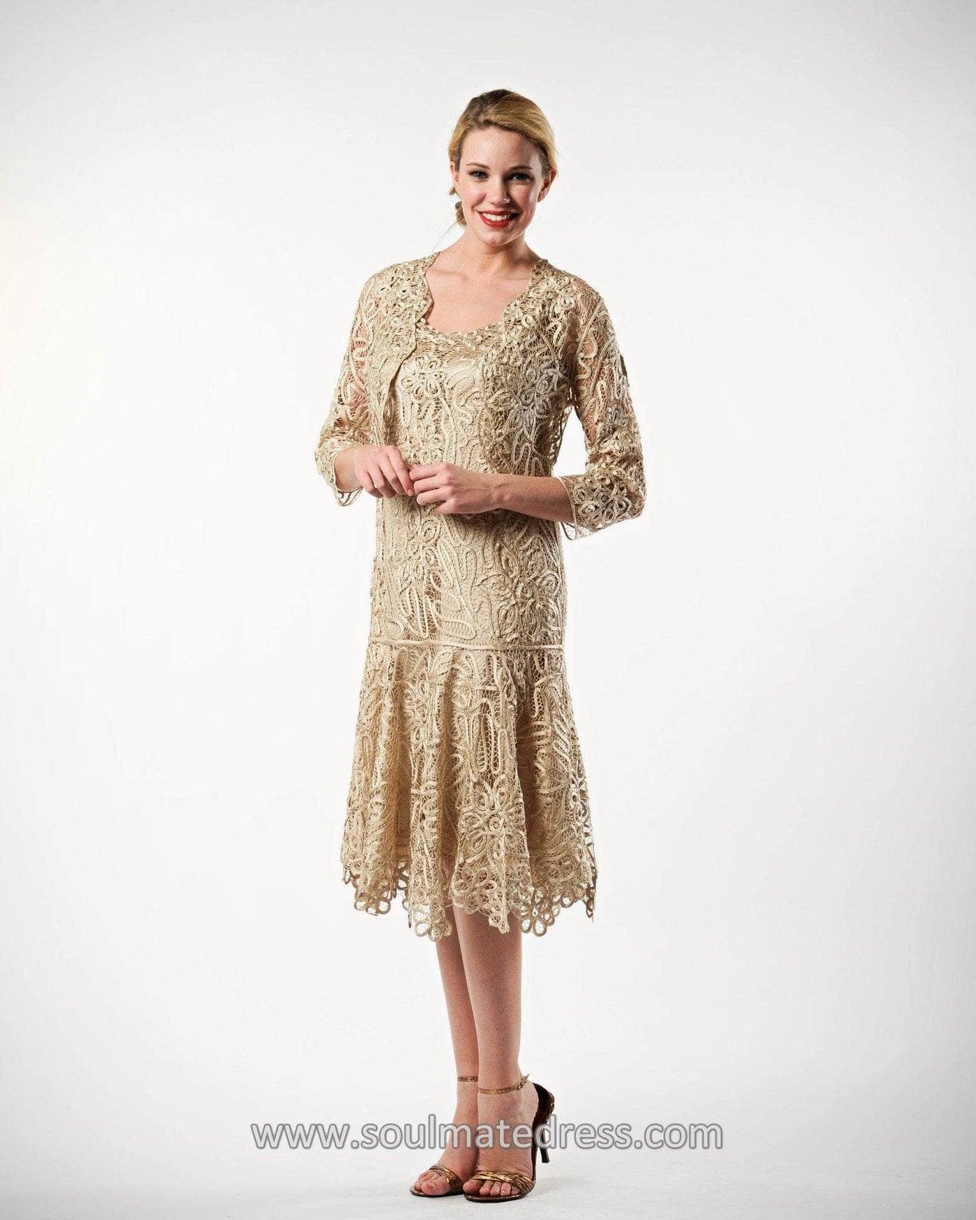 Soulmates C9126 - Tea Length Dress Bolero Jacket Set Holiday Dresses Champagne / S