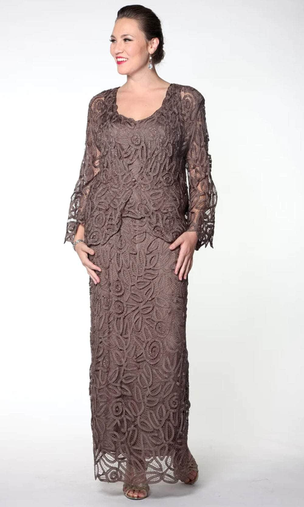 Soulmates D7107 - Hand Crochet 3/4 Bell Sleeve Three Piece Evening Gown Mocha