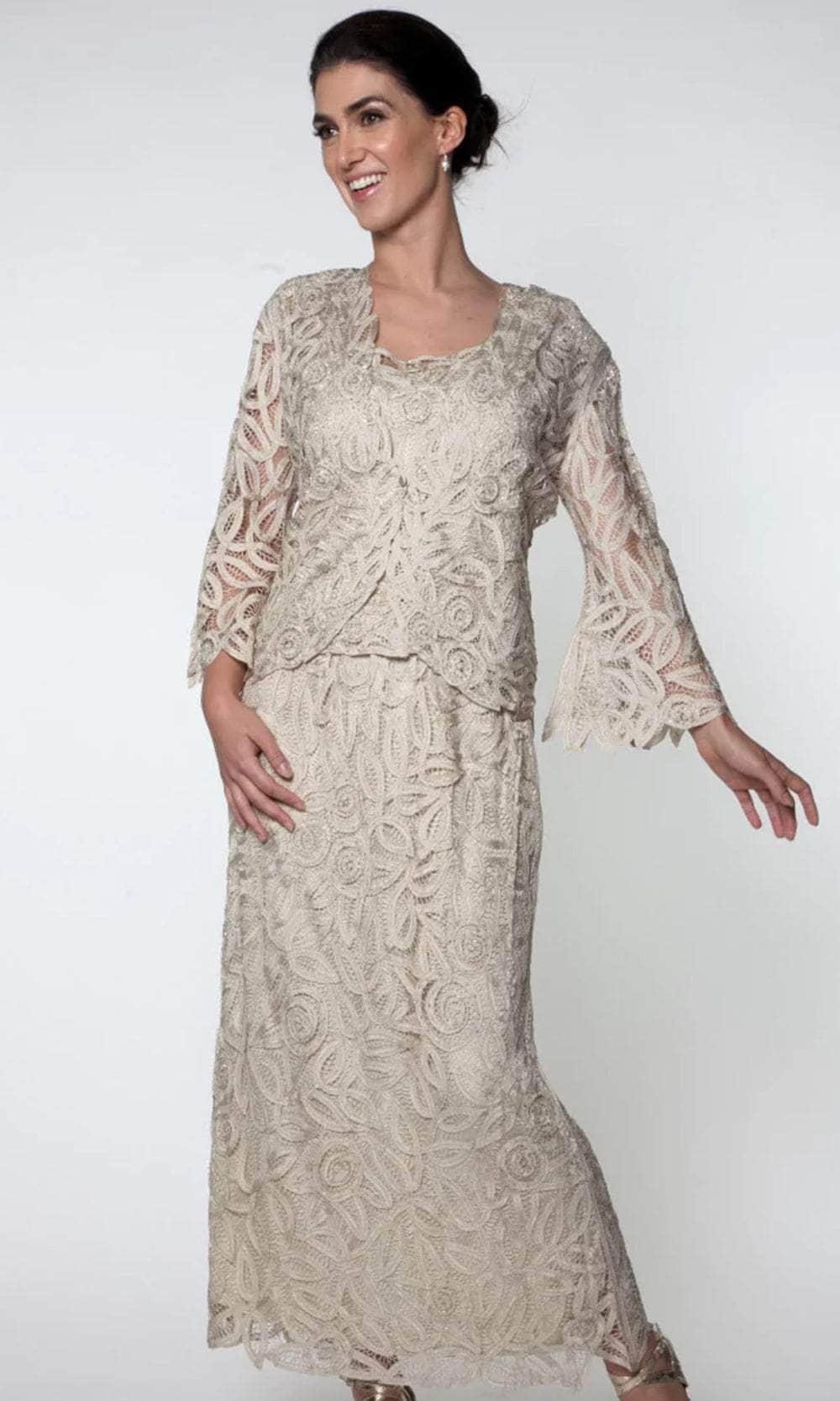 Soulmates D7107 - Hand Crochet 3/4 Bell Sleeve Three Piece Evening Gown Champagne