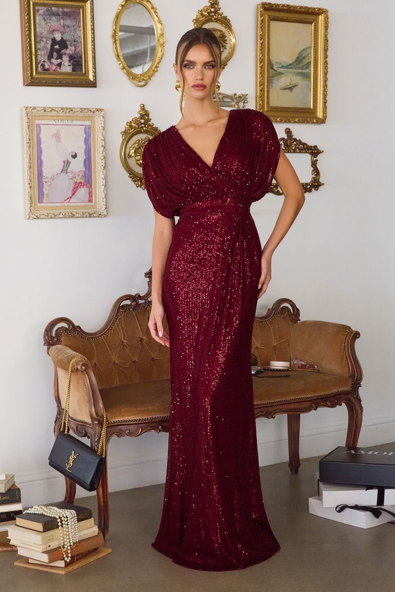 Amoris by Ladivine T101 - Surplice Sequin Evening Gown In Red