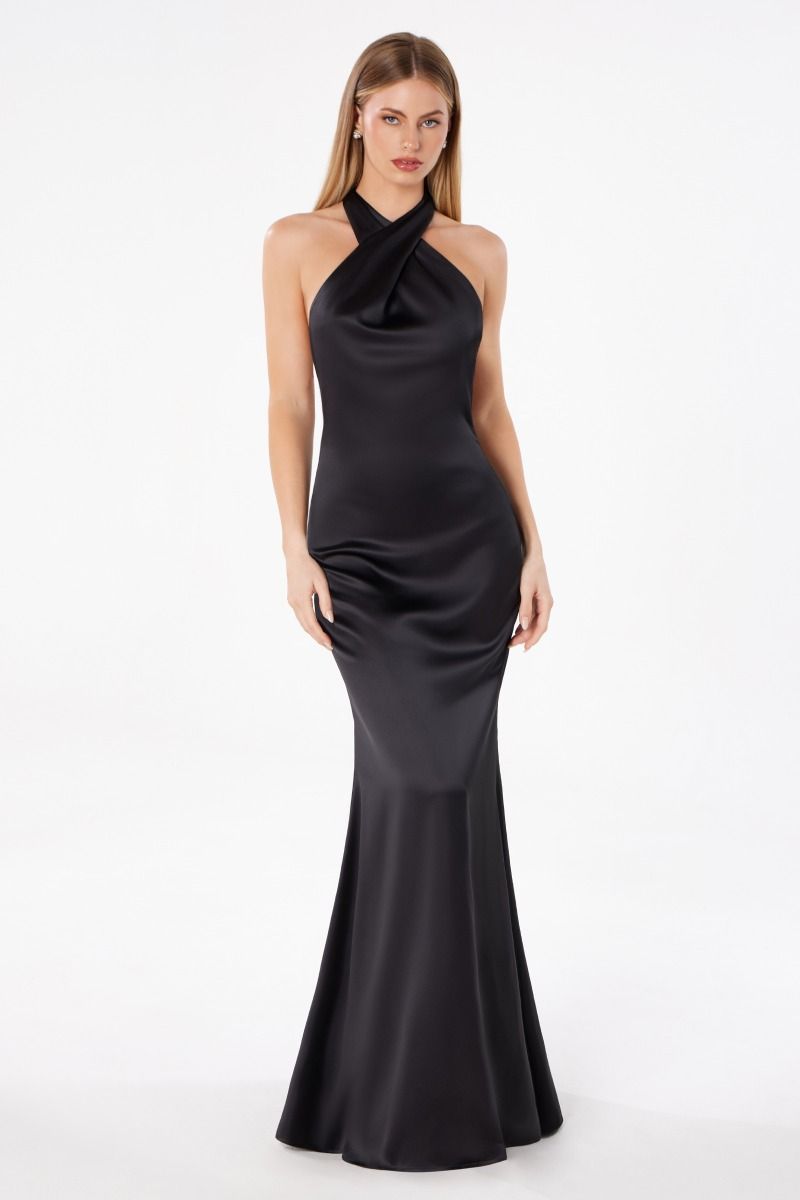 Ladivine T2005 - Cross Halter Satin Prom Dress Prom Dresses in Black