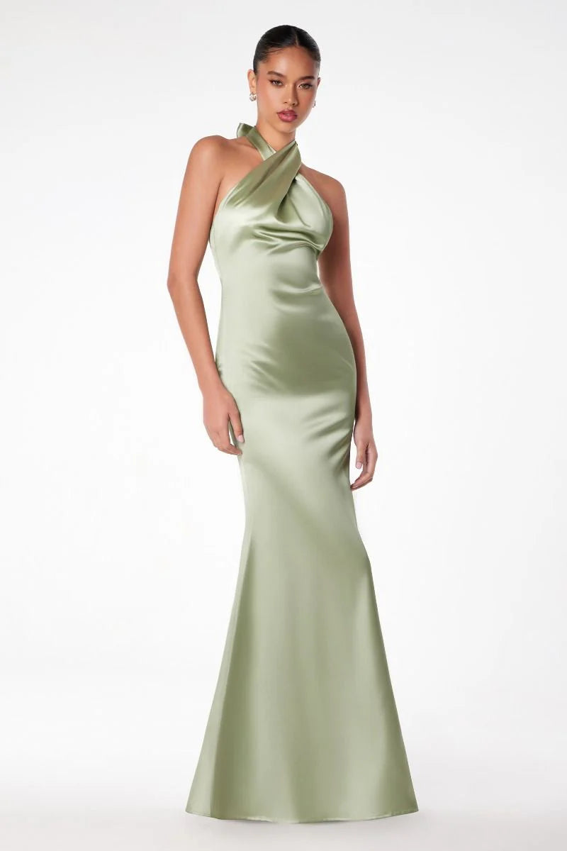 Ladivine T2005 - CrossH Halter Satin Mermaid Dress