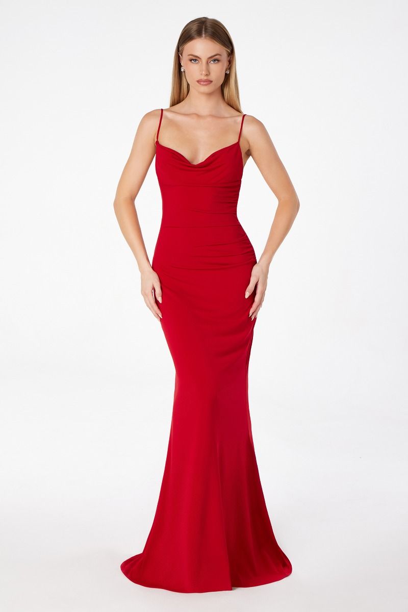 Ladivine T2008 - Cowl Neck Mermaid Gown In Red