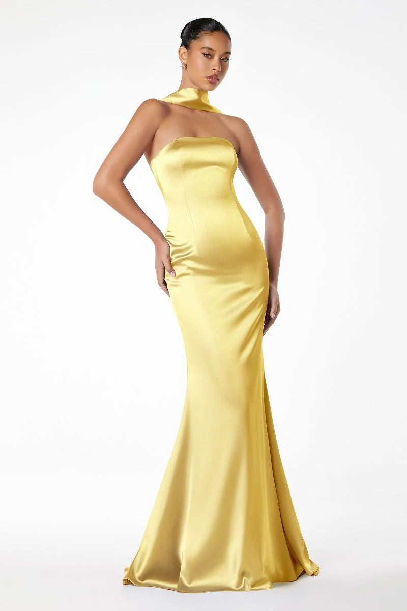 Ladivine T2012 - Satin Strapless Long Gown with Scarf