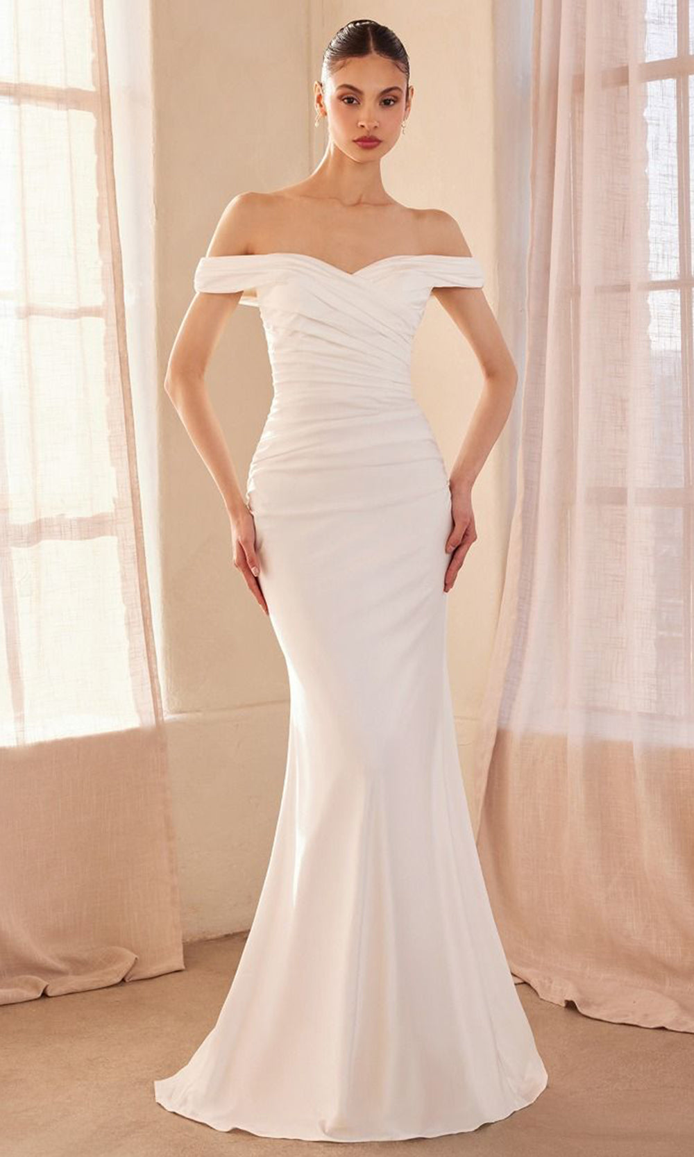 Amoris by Ladivine T402W - Satin Off Shoulder Floor Length Gown Bridal Dresses in Off White