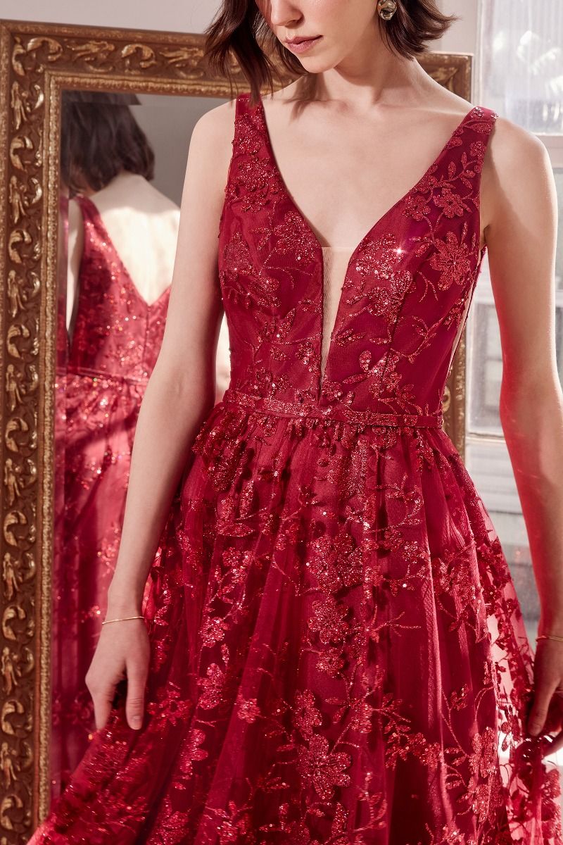 Amoris by Ladivine T606 - Illusion Plunging Neck Prom Dress Prom Dresses in Burgundy