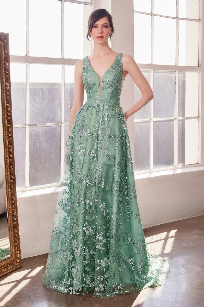 Amoris by Ladivine T606 - Illusion Plunging Neck Prom Dress Prom Dresses in Gold