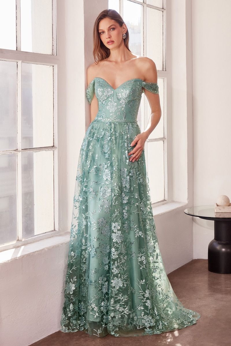 Amoris by Ladivine T607 - Sweetheart Off-Shoulder Formal Dress In Green