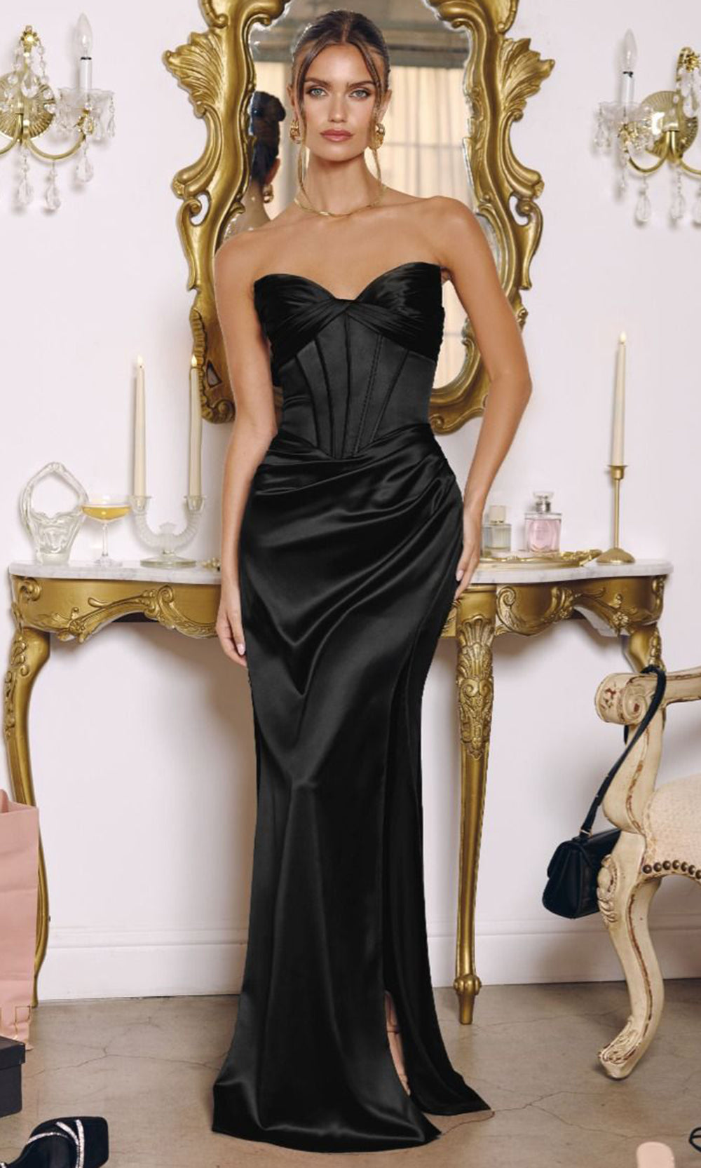 Amoris by Ladivine T611 - Corset Detail Strapless Satin Gown Prom Dresses in Black