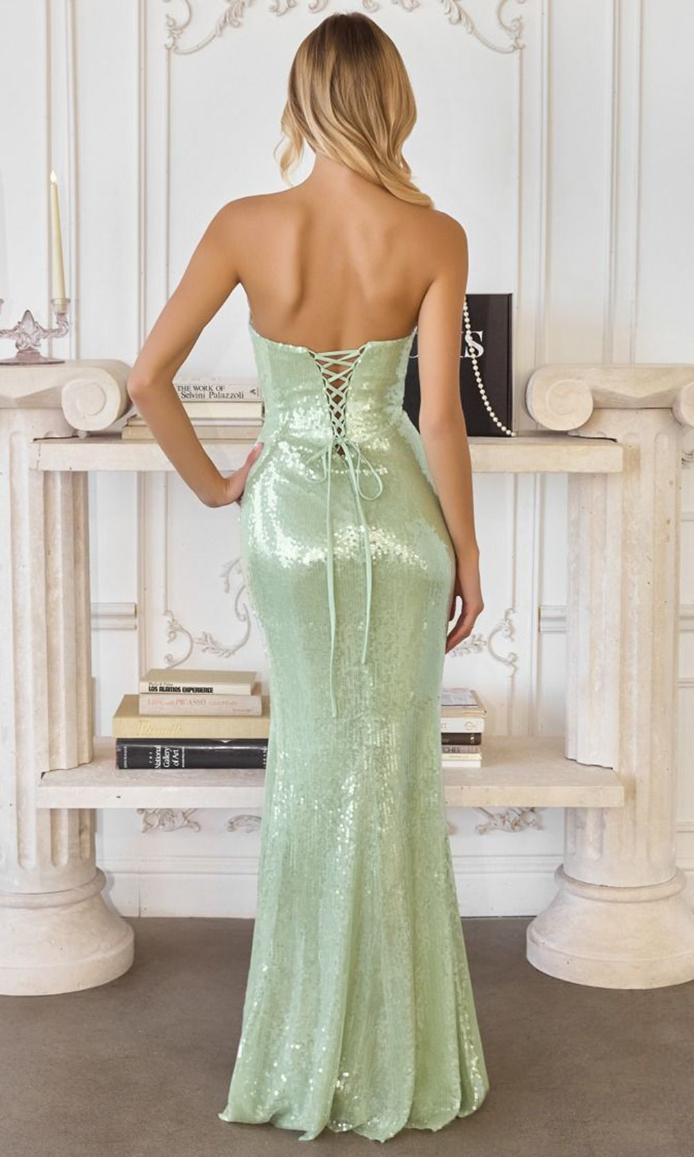 Amoris by Ladivine T724 - Strapless Sequin Embellished Gown with Slit Prom Dresses in Sage