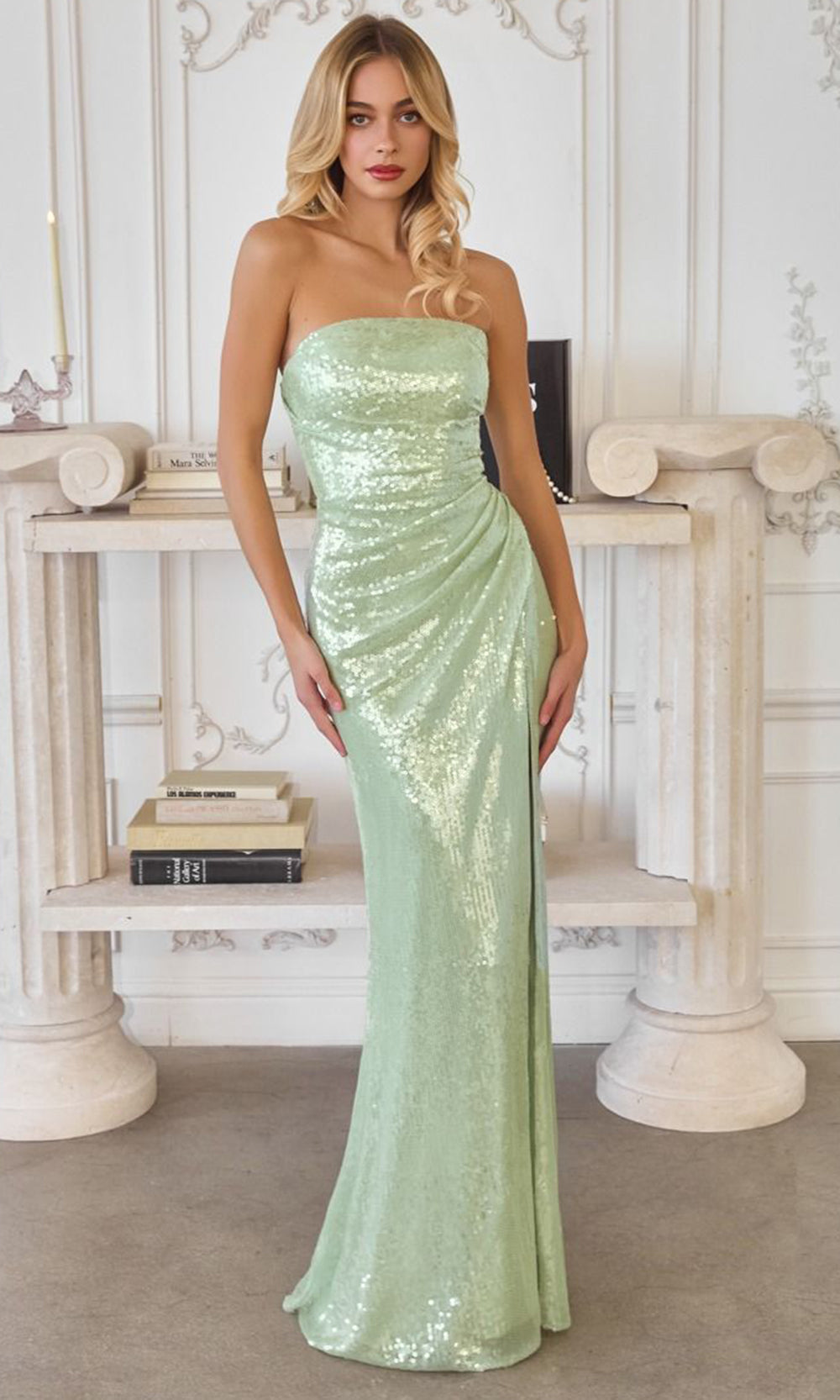 Amoris by Ladivine T724 - Sequin Ornate Lace-Up Sheath Gown Special Occasion Dress In Sage