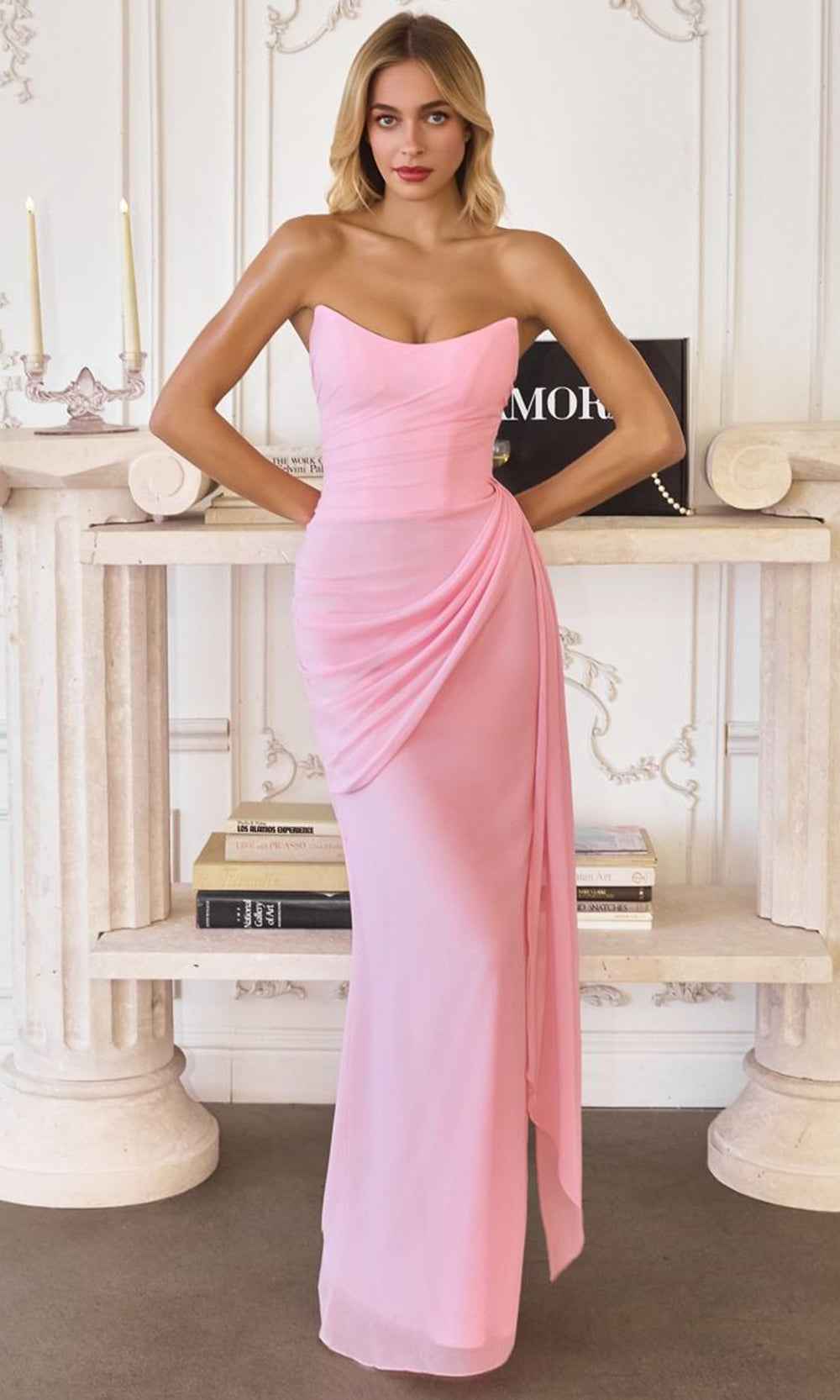 Amoris by Ladivine T726 - Strapless Column Skirt Evening Gown Bridesmaid Dresses in Pink