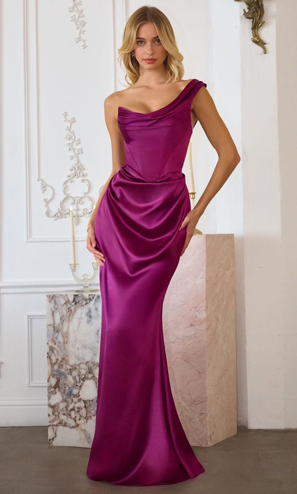 Amoris by Ladivine T727 - Asymmetric Basque Waist Evening Gown Prom Dresses in Berry